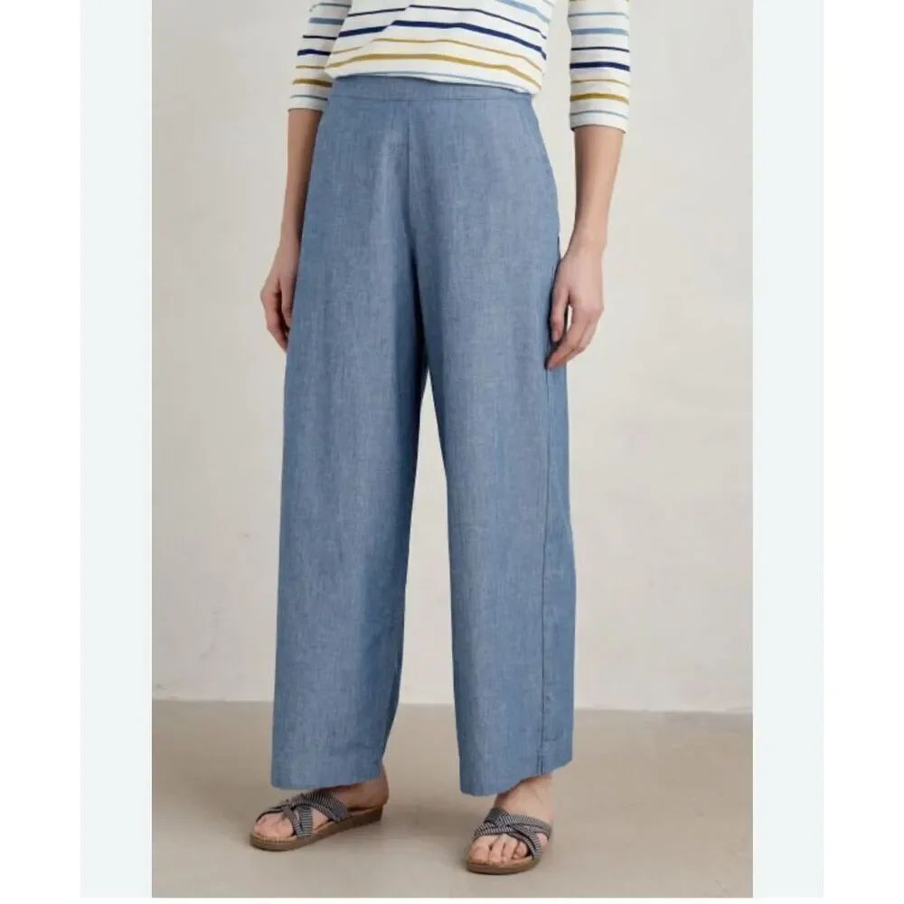Seasalt Cornwall Calluna Wide Leg Chambray Trousers Organic Cotton size 10